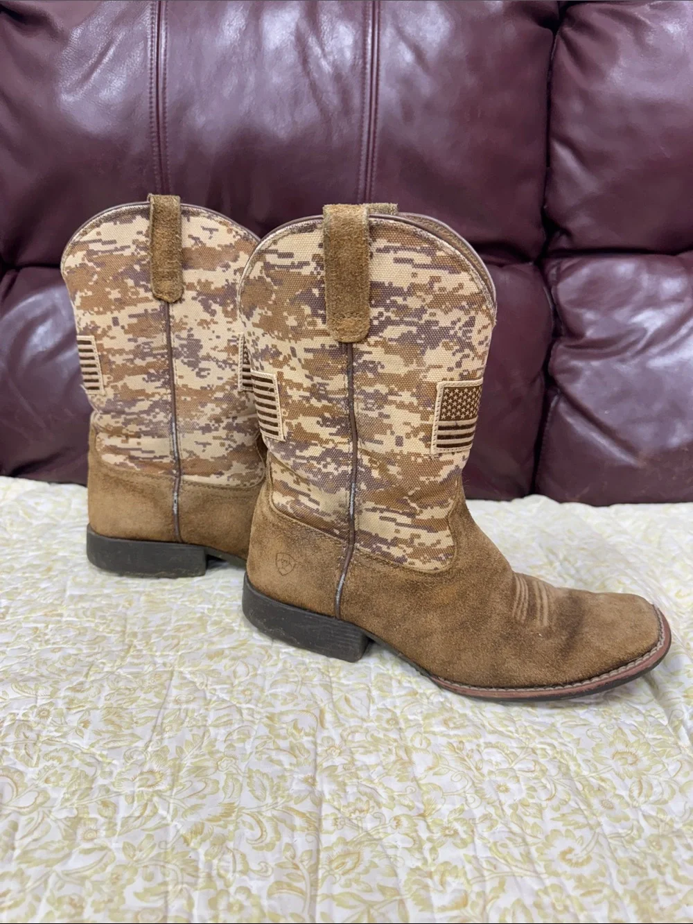 Ariat Brown Suede Cowboy Boots with Desert Camo Shaft